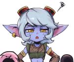  1girl bare_shoulders blue_skin blush brown_shirt colored_skin crop_top d: detached_sleeves earrings goggles goggles_on_head grey_hair half-closed_eyes jewelry league_of_legends open_mouth phantom_ix_row pointy_ears shirt short_hair simple_background solo squiggle swept_bangs tristana upper_body white_background yellow_eyes yordle 
