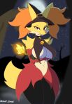  anthro big_breasts black_body black_fur breasts canid delphox elemental_manipulation female fire fire_manipulation fur generation_6_pokemon halloween hi_res holidays inner_ear_fluff magic_user mammal nintendo orange_body orange_fur pokemon pokemon_(species) red_eyes sheor solo stick tail thick_thighs tuft white_body white_fur witch yellow_body yellow_fur 