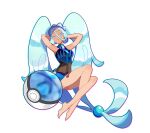  1girl aqua_eyes aqua_hair arms_up barefoot black_leotard blue_shorts breasts crossed_legs full_body hair_between_eyes hat hatsune_miku highres indai_(3330425) leotard long_hair looking_at_viewer medium_breasts poke_ball pokemon project_voltage shorts simple_background solo tan twintails very_long_hair vocaloid water_miku_(project_voltage) white_background 