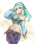  1girl bare_shoulders breasts byleth_(female)_(fire_emblem) byleth_(fire_emblem) commentary_request cowboy_shot crop_top detached_sleeves fire_emblem fire_emblem:_three_houses gerudo_set_(zelda) green_eyes green_hair halterneck harem_outfit highres large_breasts long_hair looking_at_viewer midriff navel pants parted_lips purple_pants solo standing stomach the_legend_of_zelda the_legend_of_zelda:_breath_of_the_wild veil white_background yomusugara_(uzo-muzo) 