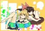  2girls bikini black_bikini black_bow blonde_hair bow braid brown_hair closed_mouth commentary_request cup drinking_glass drinking_straw earrings frilled_bow frilled_hair_tubes frills hair_bow hair_tubes hakurei_reimu ikki3nomi jewelry kirisame_marisa long_hair looking_at_viewer multiple_girls rectangle red_bow red_eyes side_braid single_braid smile star_(symbol) star_earrings swimsuit tongue tongue_out touhou yellow_eyes 