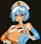  1girl alternate_costume black_background blue_eyes blue_hair breasts cleavage closed_mouth commentary cross cross_pasties english_commentary gloves hair_ornament hat heterochromia highres large_breasts nurse nurse_cap pasties red_cross red_eyes short_hair simple_background smile solo tatara_kogasa tomatolover16 tongue tongue_out touhou upper_body white_gloves 