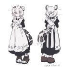  1girl animal_ears artist_name character_request colored_skin commentary_request full_body furry furry_female gomafuto leopard_girl looking_at_viewer maid original simple_background solo spotted_fur spotted_tail tail translation_request 