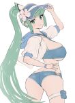  1girl adjusting_clothes adjusting_headwear ass blue_hood breasts butt_crack earrings flower gonzarez green_eyes green_hair hair_flower hair_ornament highres jacket jewelry large_breasts pneuma_(xenoblade) ponytail solo star_(symbol) star_earrings striped thigh_strap unfinished vertical_stripes visor_cap white_jacket wristband xenoblade_chronicles_(series) xenoblade_chronicles_2 