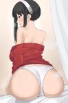  1girl absurdres ass back bare_shoulders black_hair breasts byeon_dha closed_mouth clothes_pull curtains dress from_behind hairband highres large_breasts lips panties red_eyes sidelocks sitting solo spy_x_family sweater sweater_dress underwear white_hairband white_panties yor_briar 