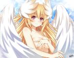  1girl angel_wings blonde_hair breasts covering covering_breasts date_a_live earrings feathered_wings gekijouban_date_a_live:_mayuri_judgement hair_between_eyes hand_on_own_chest hands_up head_wings highres jewelry lewdkuma long_hair looking_at_viewer mayuri_(date_a_live) medium_breasts pink_eyes signature smile solo topless upper_body very_long_hair white_wings wings 