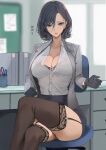  1girl bra breasts cleavage crossed_legs gloves kesoshirou looking_at_viewer office office_lady original shirt sitting solo thighhighs underwear 