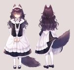  1girl animal_ears back_bow black_hair bow cat_ears cat_tail e_(eokiba) facing_away from_behind grey_background hair_over_one_eye highres maid maid_headdress mary_janes multiple_views original pantyhose shoes simple_background tail white_pantyhose yellow_eyes 