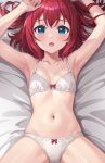  1girl aqua_eyes armpits arms_up blush bow bow_bra bow_panties bra breasts cameltoe cleavage collarbone from_above highres kurosawa_ruby lingerie looking_at_viewer love_live! love_live!_sunshine!! lying navel on_back open_mouth panties rabineru red_hair short_hair small_breasts solo two_side_up underwear underwear_only white_bra white_panties 