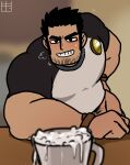  1boy absurdres arm_rest bara beard_stubble black_hair blush bottomless breath coffee_cup cum cum_in_container cum_in_cup cup derivative_work disposable_cup highres hog_(hhog) huge_eyebrows large_pectorals leaning_forward looking_at_viewer lucas_lee male_focus male_pubic_hair muscular muscular_male on_table pectorals pubic_hair pubic_hair_peek scott_pilgrim_takes_off screencap_redraw seductive_smile shirt short_hair short_sleeves smile solo t-shirt table tight_clothes tight_shirt 