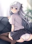  1girl absurdres ass black_skirt black_thighhighs blurry blush closed_mouth collared_shirt commentary_request couch crossed_bangs curtains depth_of_field grey_eyes grey_hair hair_ribbon hanonokusa highres indoors long_hair looking_at_viewer original panties ribbon shirt short_sleeves sidelocks sitting skirt thighhighs two_side_up underwear wariza white_panties white_shirt 