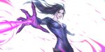  1girl absurdres black_hair bodysuit breasts collarbone covered_navel cowboy_shot facial_mark floating_hair highres kai&#039;sa league_of_legends long_hair looking_at_viewer magic medium_breasts partaytoes pink_eyes purple_bodysuit signature solo teeth white_background 