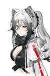  1girl animal_ear_fluff animal_ears arknights black_bra black_hair black_scarf bra breasts cat_ears closed_mouth coat eyeshadow gradient_hair grey_hair hair_between_eyes hair_ornament hairpin highres hood hooded_coat large_breasts long_hair long_sleeves looking_at_viewer makeup multicolored_hair open_clothes open_coat ponytail red_eyeshadow s_4ik4 scarf schwarz_(arknights) sidelocks simple_background solo underwear white_background white_coat yellow_eyes 