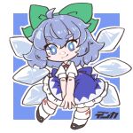  1girl ahoge black_footwear blue_dress blue_eyes blue_hair bow chibi cirno closed_mouth collared_shirt detached_wings dnk dress fairy full_body green_bow hair_bow ice ice_wings shirt shoes short_hair short_sleeves smile socks solo touhou white_shirt white_socks wings 