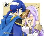  1boy 1girl bare_shoulders blue_cape blue_eyes blue_hair blush book breasts brother_and_sister cape circlet closed_eyes dress fire_emblem fire_emblem:_genealogy_of_the_holy_war headband holding holding_book implied_incest julia_(fire_emblem) long_hair ponytail pout purple_cape purple_hair seliph_(fire_emblem) siblings simple_background white_headband yukia_(firstaid0) 