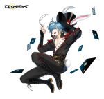  1boy ace_(playing_card) ace_of_clubs ace_of_diamonds ace_of_hearts ace_of_spades ahoge animal_ear_headwear animal_ears arm_up belt black_belt black_footwear black_gloves black_headwear black_jacket black_pants blue_eyes blue_hair boots card closers club_(shape) collarbone collared_shirt copyright_name cross-laced_footwear diamond_(shape) dress_shirt epaulettes fingerless_gloves full_body gloves hand_on_headwear hands_up hat heart highres holding holding_pocket_watch jacket joker_(playing_card) jumping knee_boots lace-up_boots legs_up logo long_sleeves looking_at_object looking_at_watch male_focus nata_(closers) official_art open_mouth pants pants_tucked_in pectoral_cleavage pectorals playing_card pocket_watch rabbit_ears rabbit_tail shirt short_hair solo spade_(shape) striped striped_shirt sweatdrop tachi-e tail teeth top_hat unworn_hat unworn_headwear upper_teeth_only v-neck v-shaped_eyebrows vertical-striped_shirt vertical_stripes watch white_background white_tail 