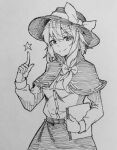 1girl asymmetrical_hair book bow capelet closed_mouth commentary fedora greyscale hair_bow hat hat_bow highres holding holding_book index_finger_raised kanaria_(bocmn) looking_at_viewer medium_hair monochrome one-hour_drawing_challenge shirt simple_background sketch skirt smile solo star_(symbol) touhou traditional_media usami_renko 