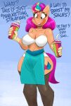  5_fingers absurd_res anthro anthrofied beverage big_breasts blonde_hair blue_hair bra breasts cleavage clothed clothing cutie_mark earth_pony english_text equid equine female fingers flutterthrash green_eyes hair hasbro hi_res horse legwear long_hair mammal mlp_g5 multicolored_body multicolored_hair my_little_pony panties pony portrait purple_hair red_hair solo standing stockings sunny_starscout_(mlp) tan_body text thick_thighs thigh_highs three-quarter_portrait two_tone_body underwear wide_hips 