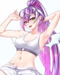  1girl :d absurdres armpits arms_up bad_id bad_nicoseiga_id braid breasts cleavage commentary crop_top demon_tail demon_wings goggles goggles_on_head green_eyes highres hololive long_hair looking_at_viewer medium_breasts midriff multicolored_hair navel navel_piercing open_fly open_mouth piercing pointy_ears ponytail purple_hair short_shorts shorts simple_background smile solo sports_bra stomach streaked_hair tail tokoyami_towa tokoyami_towa_(5th_costume) tongue_piercing upper_body virtual_youtuber white_background white_hair white_shorts white_sports_bra wings zellam 