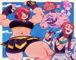  1boy 2girls abs arms_up beard blue_eyes closed_mouth earrings english_text eyewear_removed facial_hair green_eyes heart highres holding holding_removed_eyewear jewelry keroro_gunsou looking_at_another looking_at_viewer manon_legrand marisa_(street_fighter) mole mole_under_eye multiple_girls muscular muscular_female navel open_mouth parted_lips pink_hair red_hair red_lips red_nails round_eyewear short_hair speech_bubble speedoru street_fighter street_fighter_6 stud_earrings sunglasses teeth thick_thighs thighs upper_teeth_only zangief 