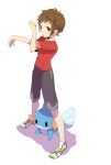 1boy brendan_(pokemon) brown_hair closed_mouth commentary_request green_footwear grey_eyes grey_shorts knees legs_apart male_focus mudkip niimura_(csnel) pokemon pokemon_(creature) pokemon_(game) pokemon_oras red_shirt shirt shoes short_hair short_sleeves shorts standing stretching t-shirt white_background 