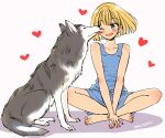  1girl ;d animal artist_name barefoot blonde_hair blue_eyes blue_shorts blue_tank_top blush collarbone commentary_request dog full_body happy indian_style licking licking_another&#039;s_face looking_at_animal nail_polish one_eye_closed open_mouth original red_nails short_hair shorts signature simple_background sitting smile solo sugano_manami tank_top toenail_polish toenails toes tongue tongue_out white_background 