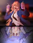  1girl black_necktie black_pants blonde_hair blood blood_in_hair blurry blurry_background chainsaw_man collared_shirt cross-shaped_pupils death energy_sword grimace_shake_(meme) hair_between_eyes hieumay highres horns long_hair looking_at_viewer mcdonald&#039;s meme milkshake necktie open_mouth pants power_(chainsaw_man) purple_liquid red_eyes red_horns severed_head sharp_teeth shirt shirt_partially_tucked_in smile solo spill spoilers sword symbol-shaped_pupils teeth weapon white_shirt 