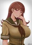  1girl blush breasts brown_eyes brown_hair brown_neckerchief dated gradient_background green_sailor_collar green_serafuku green_shirt grey_skirt highres kantai_collection long_hair looking_at_viewer medium_breasts neckerchief ooi_(kancolle) pleated_skirt sailor_collar school_uniform serafuku shiromaru_(maniado) shirt short_sleeves skirt smile twitter_username upper_body 