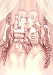  2girls :d absurdres blackblackblack bow chii chobits choker collarbone curtains dress eyelashes flower freya_(chobits) hair_tubes highres long_hair monochrome multiple_girls pink_theme robot_ears rose sitting smile 