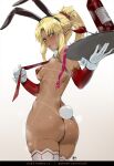  1girl animal_ears ass blonde_hair blush club3 fate/grand_order fate_(series) gloves green_eyes highres looking_at_viewer mordred_(fate) necktie rabbit_ears rabbit_tail sweat tail tan tanlines tray 