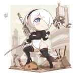  1girl 2b_(nier:automata) :&lt; black_footwear black_hairband blue_eyes boots chibi closed_mouth covered_eyes day feather-trimmed_sleeves feather_trim flying hair_over_one_eye hairband hand_up high_heel_boots high_heels highres holding holding_sword holding_weapon juliet_sleeves kanoko2.0 leotard long_sleeves mole mole_under_mouth nier:automata nier_(series) no_blindfold outdoors puffy_sleeves robot solo sword thigh_boots thighhighs thighhighs_under_boots weapon white_hair white_leotard 