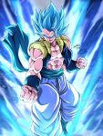  1boy abs artist_name aura baggy_pants biceps blue_eyes blue_hair blue_sash bracer clenched_hands closed_mouth commentary_request dragon_ball dragon_ball_super dragon_ball_super_broly electricity energy gogeta highres male_focus metamoran_vest muscular muscular_male open_clothes open_vest pants pectorals sash seya_(asasei_718) signature smile smirk solo spiked_hair super_saiyan super_saiyan_blue v-shaped_eyebrows vest white_pants 