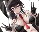  1girl bare_shoulders between_breasts black_gloves black_hair bracelet breasts cleavage counter:side covered_navel detached_collar double_v gloves jewelry large_breasts long_hair looking_at_viewer maett necktie necktie_between_breasts playboy_bunny ponytail purple_eyes red_necktie see-through solo v white_background yoo_mina 