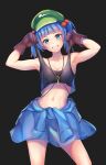  1girl arm_up blue_eyes blue_hair blue_jacket blush breasts brown_gloves cleavage clothes_around_waist crop_top gloves grin hair_bobbles hair_ornament hat highres jacket jacket_around_waist kawashiro_nitori lifted_by_self looking_at_viewer medium_hair midriff navel puck100ml see-through small_breasts smile solo strap_lift tank_top touhou 