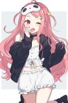  black_jacket cloud_hair_ornament crescent crescent_hair_ornament hair_ornament highres jacket long_hair mole mole_under_eye nijisanji no_shoes one_eye_closed open_clothes open_jacket open_mouth pajamas pink_eyes pink_nails sasaki_saku shorts sleep_mask star_(symbol) star_hair_ornament tooru_(jux) virtual_youtuber white_shorts yawning 