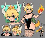 angry animal_humanoid blonde_hair blue_eyes blush bowser bowsette_meme breath_powers collar crown elemental_manipulation fire fire_breathing fire_manipulation fishnet_leggings girly hair headgear horn humanoid humanoid_pointy_ears koopa_humanoid looking_at_viewer male mario_bros meme nintendo nipple_piercing nipples open_mouth piercing scalie scalie_humanoid simple_background smile solo somik spiked_collar spikes super_crown 