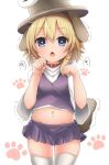  1girl animal_ears blonde_hair blue_eyes brown_headwear clenched_hands collar commentary cowboy_shot dog_ears dog_tail fang heart heart-shaped_pupils kihuzinz looking_at_viewer moriya_suwako navel open_mouth paw_pose purple_skirt purple_vest red_collar shirt short_hair sidelocks simple_background skin_fang skirt solo standing stomach symbol-shaped_pupils tail thighhighs touhou turtleneck vest white_background white_shirt white_thighhighs 