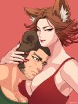  1boy 1girl alternate_costume animal_ears bear_ears beard black_hair breasts brown_hair buzz_cut chest_hair_peek cleavage couple dress eyelashes eyeshadow face_to_breasts facial_hair fox_ears goatee_stubble golden_kamuy hand_on_another&#039;s_head inkarmat kemonomimi_mode large_breasts large_pectorals light_blush long_sideburns looking_at_viewer makeup mature_male muscular muscular_male nopinzo pectoral_cleavage pectorals red_dress red_lips red_nails seductive_smile short_hair sideburns smile tanigaki_genjirou thick_eyebrows very_short_hair wide-eyed 