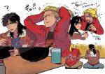  2boys ? black_eyes black_hair black_shirt blonde_hair bomber_jacket bowl brown_jacket chopsticks commentary_request cup eating food high_ponytail highres holding holding_chopsticks inudori itou_kaiji jacket kaiji kitami_(kaiji) long_hair long_sleeves looking_at_another male_focus medium_bangs multiple_boys multiple_views noodles open_mouth ramen red_jacket shirt simple_background translation_request tying_hair upper_body water white_background 