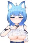  1girl ahoge animal_ear_fluff animal_ear_piercing animal_ears black_ribbon blue_eyes blue_hair blush breasts clothes_lift clothing_cutout commentary_request dog_ears dog_girl earrings frilled_shirt frills jewelry k_(ve_do_9k) large_breasts lifted_by_self looking_at_viewer medium_bangs medium_hair nanashi_inc. neck_ribbon official_alternate_costume open_mouth ribbon shirt shirt_lift short_sleeves shoulder_cutout simple_background single_earring smile solo souya_ichika souya_ichika_(5th_costume) underboob upper_body virtual_youtuber watch white_background white_shirt wristwatch 