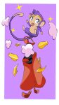  2023 blue_eyes ch4d85 clothing female feral fur haplorhine hi_res looking_at_viewer mammal monkey open_mouth open_smile primate purple_body purple_fur shantae_(monkey_form) shantae_(series) simple_background smile smoke solo sparkles species_transformation transformation wayforward 