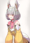  1girl absurdres animal_ears bare_shoulders blunt_bangs blush breasts cat_ears chest_jewel commentary_request facial_mark grey_hair grin highres karian909 long_sleeves looking_at_viewer nia_(xenoblade) short_hair small_breasts smile solo white_background xenoblade_chronicles_(series) xenoblade_chronicles_3 yellow_eyes 