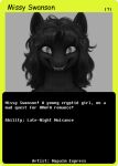 anthro black_body black_fur black_hair border card_template ears_up eldritch_abomination english_text fangs female fur green_eyes hair looking_at_viewer missy_(napalm_express) monster napalm_express neck_tuft smile solo teeth text third-party_edit tuft yellow_border 