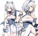  1girl braided_sidelock breasts choker corset crossed_legs demon_horns demon_wings dress fake_horns frilled_choker frills grey_hair highres horns izayoi_sakuya looking_at_viewer medium_breasts multiple_views sarukana short_hair simple_background thighhighs touhou white_background white_dress white_thighhighs wings wrist_cuffs 