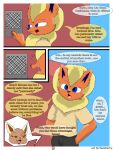  3:4 absurd_res anthro brown_body brown_eyes canid canine clothed clothing comic digital_drawing_(artwork) digital_media_(artwork) duo eevee eeveelution elizabeth_venizee english_text female flamberry_(artist) flareon franklin_flare fur generation_1_pokemon hair hi_res male mammal nintendo open_mouth orange_body orange_fur pokemon pokemon_(species) simple_background smile speaker tan_body tan_fur text yellow_body yellow_fur 