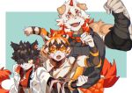  aak_(arknights) anthro arknights canid canine canis clothed clothing domestic_cat domestic_dog eyewear felid feline felis female glasses group hung_(arknights) hypergryph male mammal muscular muscular_anthro muscular_male pantherine st05254 studio_montagne tiger trio waaifu_(arknights) 