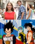  1girl 2boys absurdres anime_coloring black_eyes black_hair blue_eyes blue_hair breasts building bulma cape commentary_request cross_scar distracted_boyfriend_(meme) dougi dragon_ball dragon_ball_z frown furrowed_brow hairband half-closed_eyes highres medium_breasts meme multiple_boys muscular muscular_male official_style open_mouth photo-referenced photo_inset railing red_cape red_hairband reference_inset saiyan_armor salvamakoto scar scar_on_cheek scar_on_face signature smile spanish_commentary sweatdrop vegeta widow&#039;s_peak wristband yamcha 