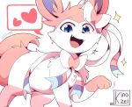  2022 blue_eyes cheek_tuft digital_media_(artwork) eeveelution facial_tuft feral fur generation_6_pokemon head_tuft hi_res kinozel leg_markings looking_at_viewer markings nintendo open_mouth open_smile pink_body pink_fur pokemon pokemon_(species) signature smile socks_(marking) solo sparkles sylveon tongue tuft white_body white_fur 