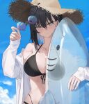  1girl bikini black_bikini black_hair blue_sky breasts brown_headwear cloud collarbone colored_inner_hair commentary day eyewear_removed fingernails hair_between_eyes hat highres holding holding_removed_eyewear inflatable_shark inflatable_toy large_breasts looking_at_viewer mole mole_on_breast multicolored_hair navel original round_eyewear shirt short_hair sky solo soya_(torga) straw_hat sunglasses swimsuit symbol-only_commentary two-tone_hair upper_body white_hair white_shirt yellow_eyes 
