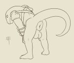  anthro anus armor balls bent_over big_balls butt butt_focus genitals hi_res humanoid lemurian looking_down male puffy_anus risk_of_rain scalie solo spread_butt spreading thehuskydragon 